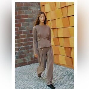 Elegant Brown 2pcs Button Twill top with matching top